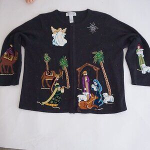Vintage Tiger Black Beaded Nativity Angel Christmas Holiday Cotton Sweater 3X